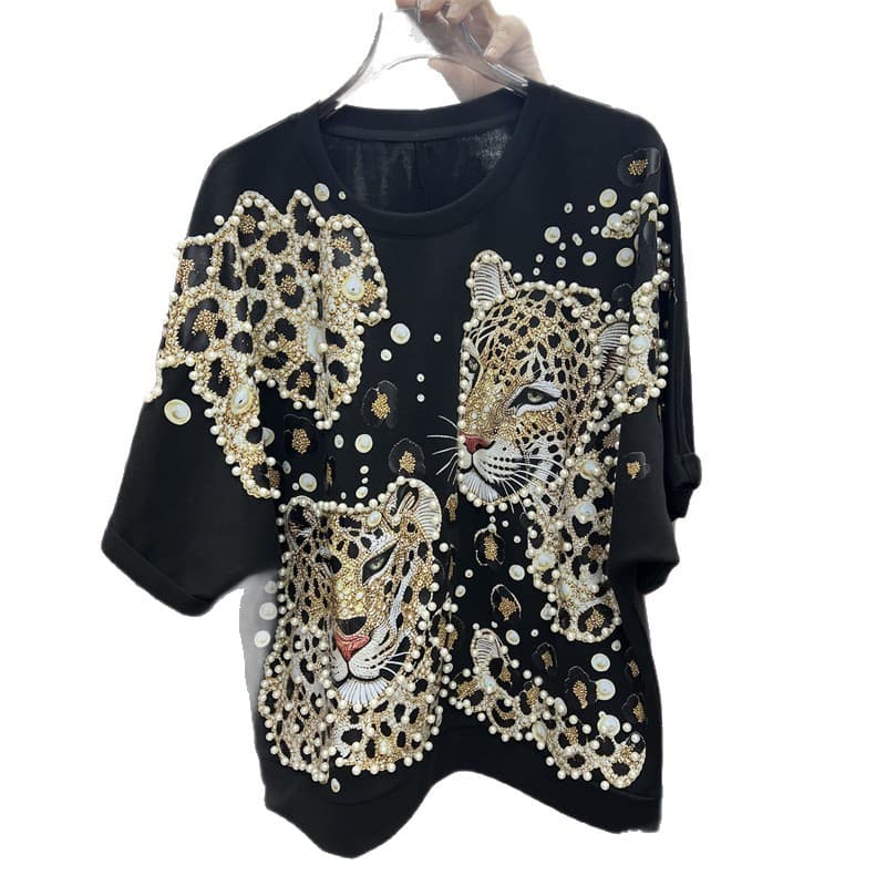 European Style Heavy Beaded Leopard Print Loose Short-Sleeve Crew Neck T-Shirt for Women, Summer Trendy Versatile Top