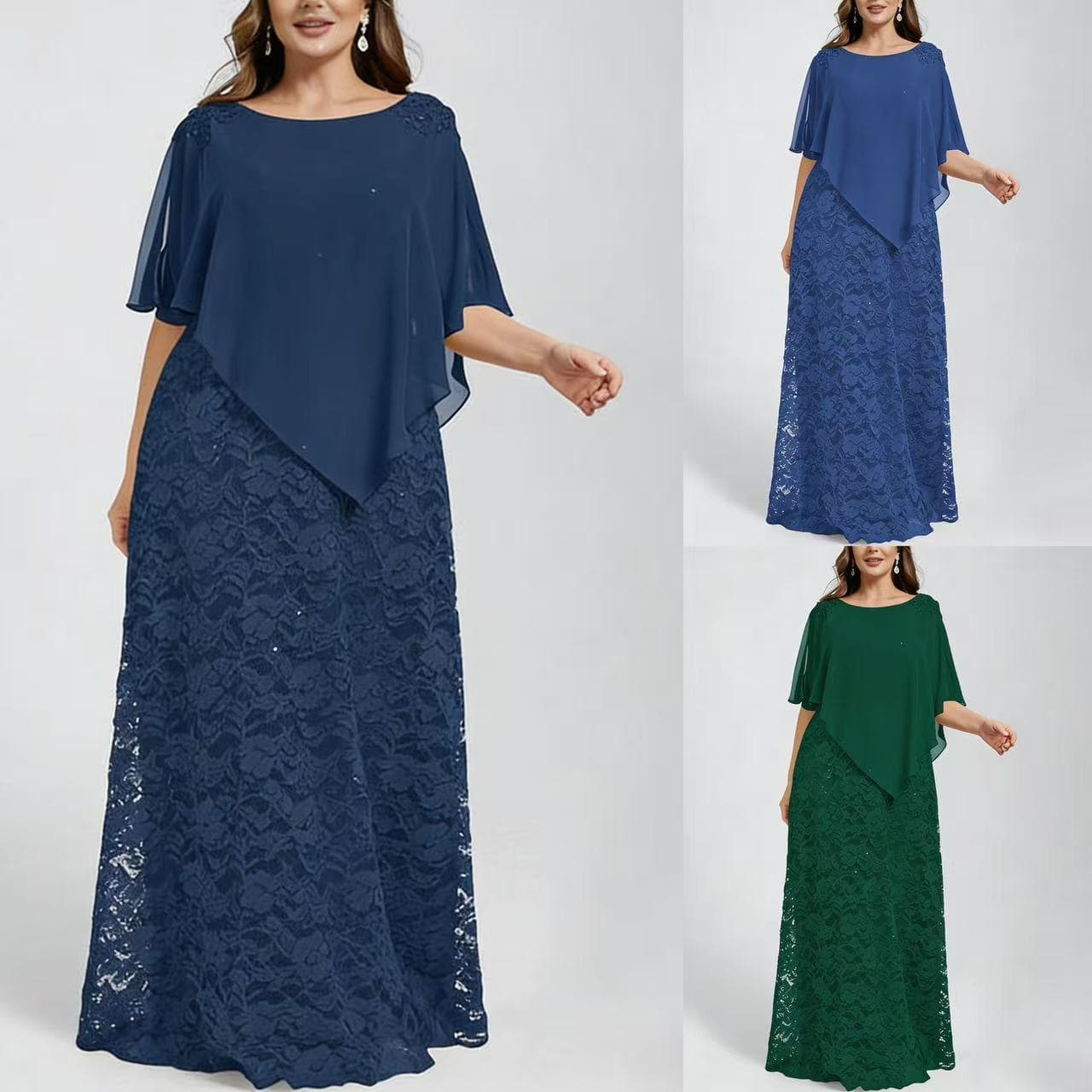 European and American cross-border foreign trade 2026 new plus size women's lace dress chiffon shawl slim party dress