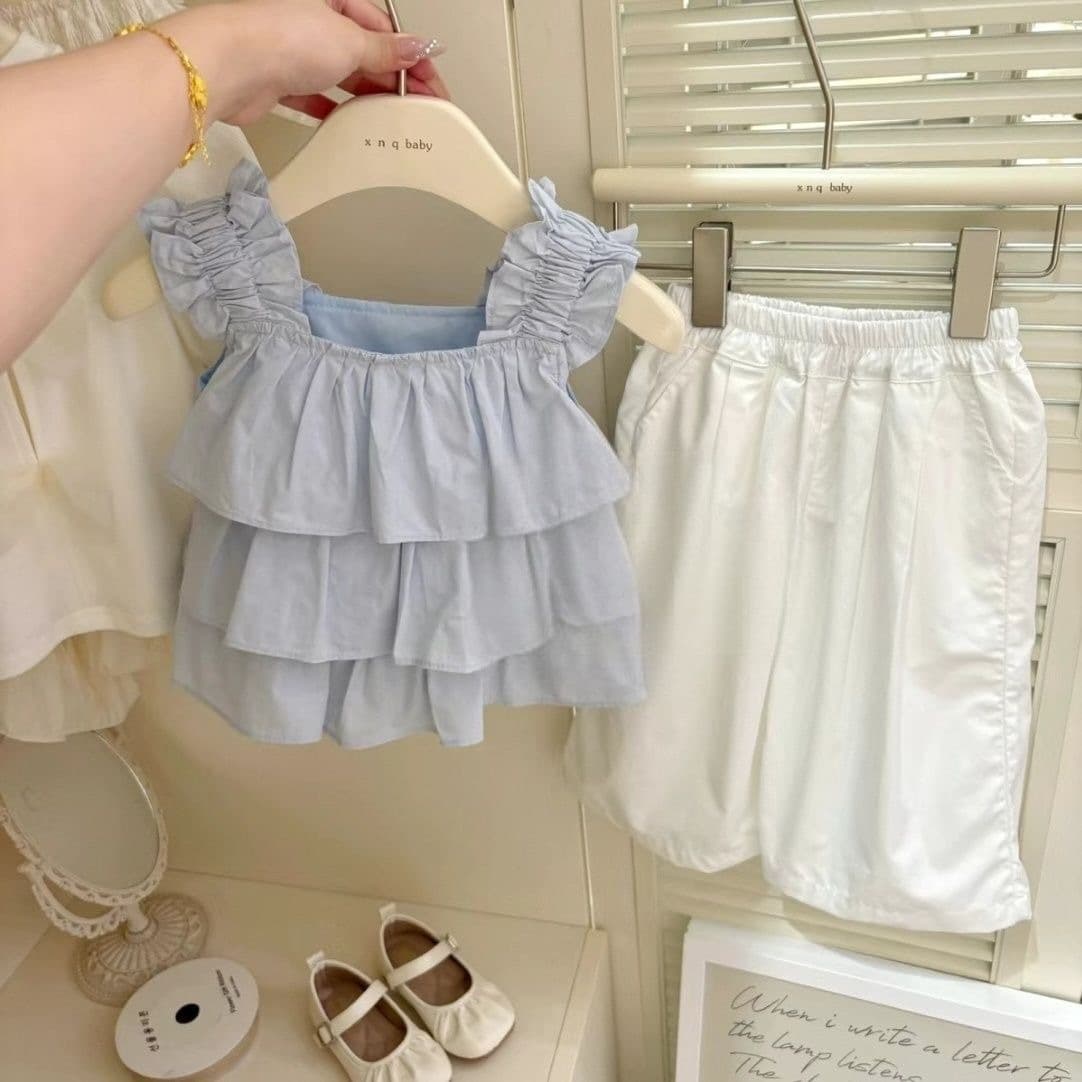 Girls 2026 Summer New Ruffle French Trendy Strappy Top Casual Short Vest Set
