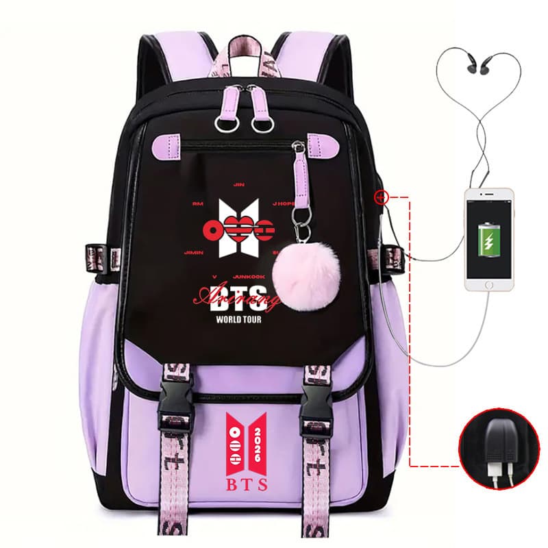 Cross-border best-selling BTS printed backpack, USB computer bag for teenagers and students