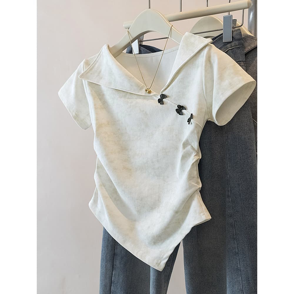 Summer New Design Tie-Dye Short-Sleeve T-Shirt for Women with Irregular Bow Tie, Slim-Fit Waist, and Stylish Lapel