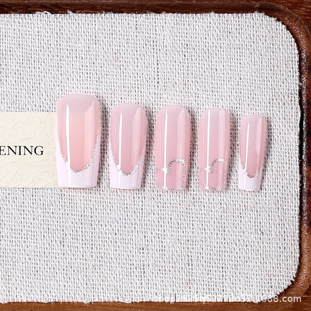 Box of 24 Hot-Selling Nail Art Stickers Pink White Edge Heart Glitter Medium Removable Wearable Nail Tips