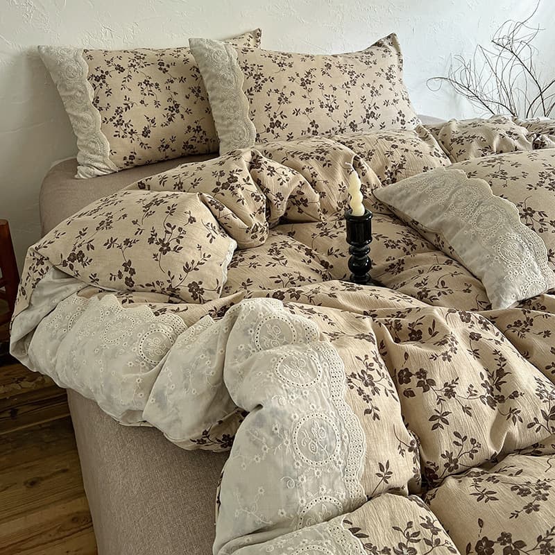 New Autumn/Winter A-Class High GSM Linen Vintage Pure Cotton Lace Wabi-Sabi Style Bedding Set with Flat Sheet