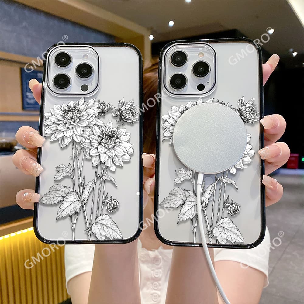 Export Exclusive Sketch Flower Apple Phone Case 17pm Simple Premium Transparent Magnetic iPhone16 Cross-Border