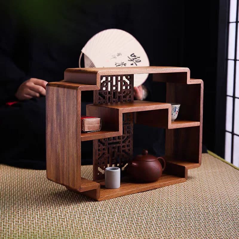 Walnut Display Shelf, Small Desktop Cup Rack, Chinese-style Storage and Display Stand for Living Room or Tea Room