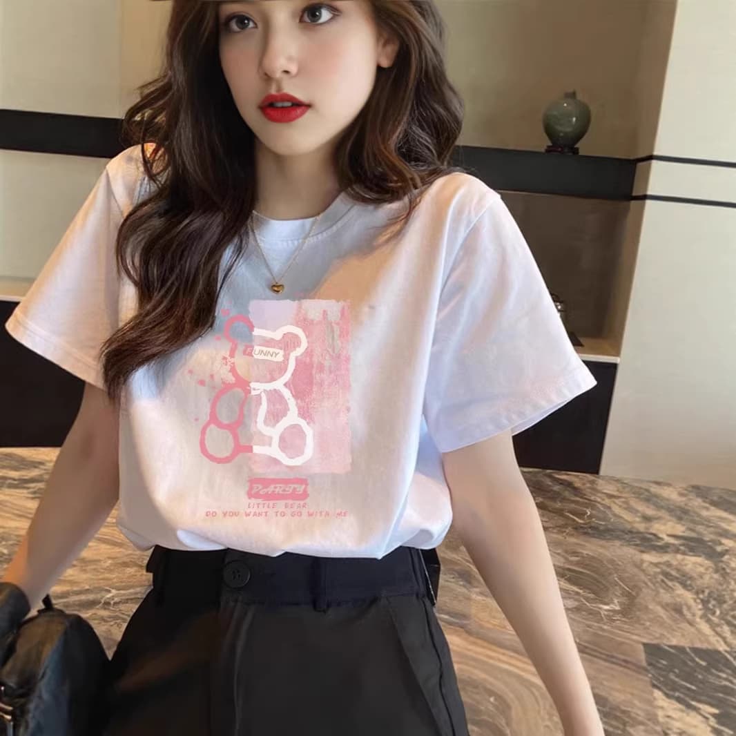 26 Summer Lazy Style Round Neck Short-Sleeved T-Shirt for Women, Loose Printed Top, Casual and Comfortable Fabric, Suitable for All Body Types