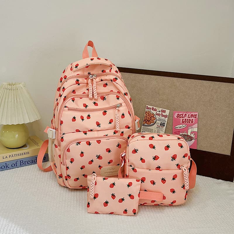 Retro versatile trendy three-piece set shoulder crossbody bag female students summer new Japanese strawberry backpack