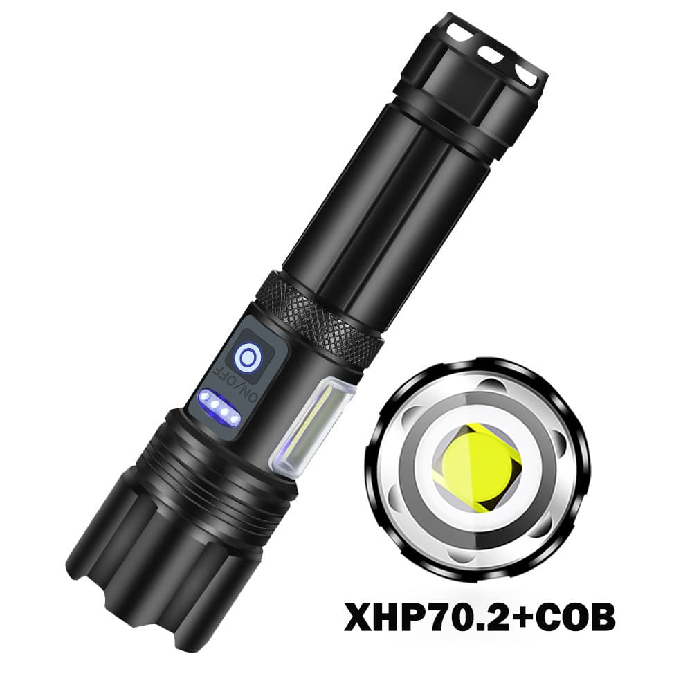 Outdoor Camping High Brightness USB Rechargeable Flashlight XHP70 Long Shot Zoomable Handheld COB Work Light Aluminum Alloy Powerful Searchlight