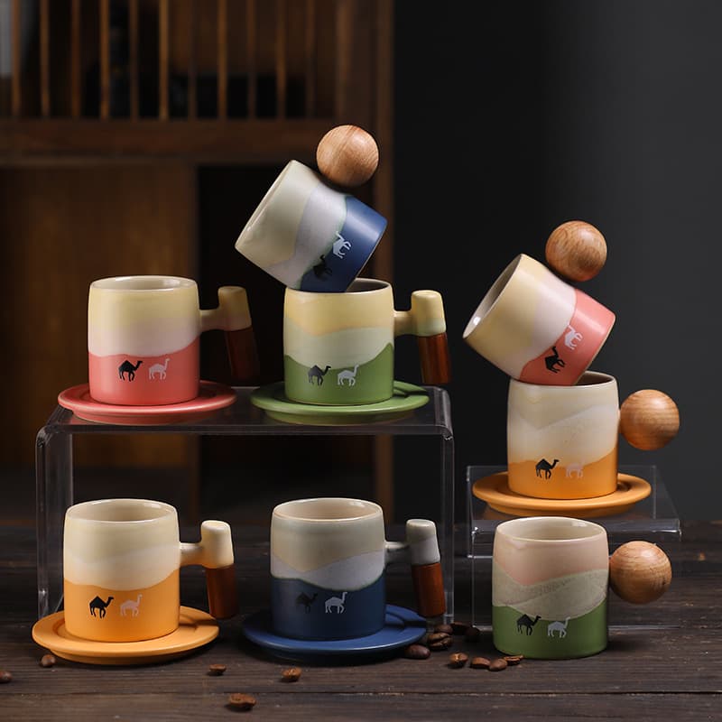 Middle Eastern Stoneware Espresso Cup and Saucer Set Creative Vintage Ceramic Saudi Ceramic Wooden Handle Tea Cup 80ml