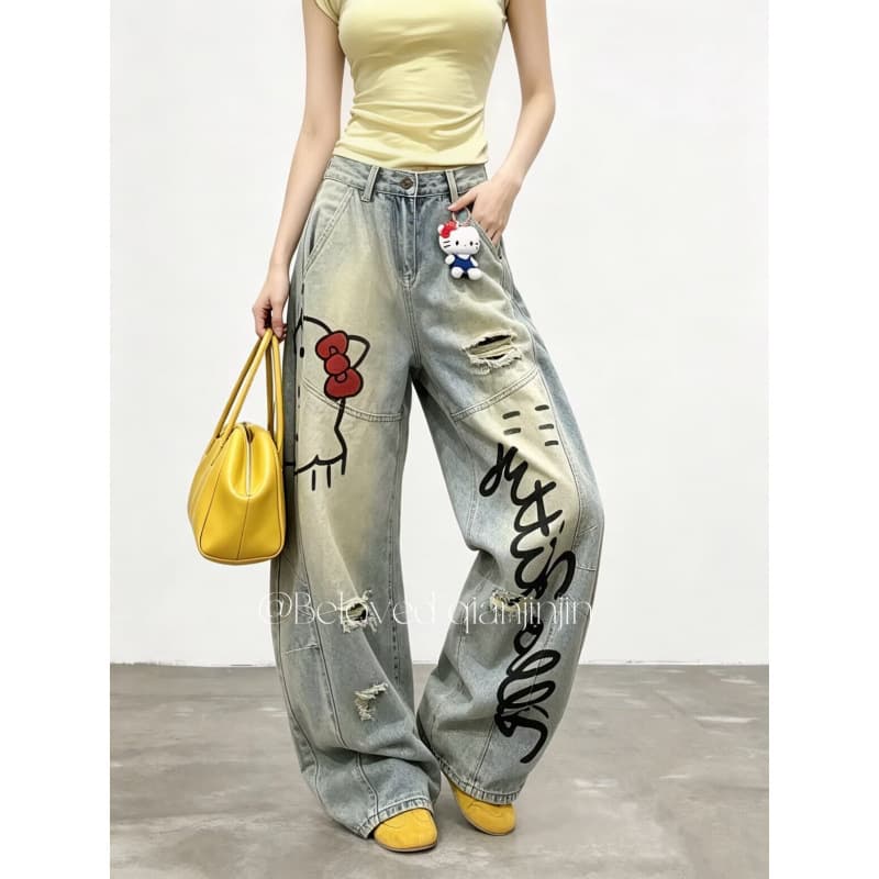 Double-sided Graffiti Denim Rhinestone Pants! Plus Size Slightly Plump Cartoon Autumn Loose Denim Wide-Leg Long Pants for 200lb Curvy Women