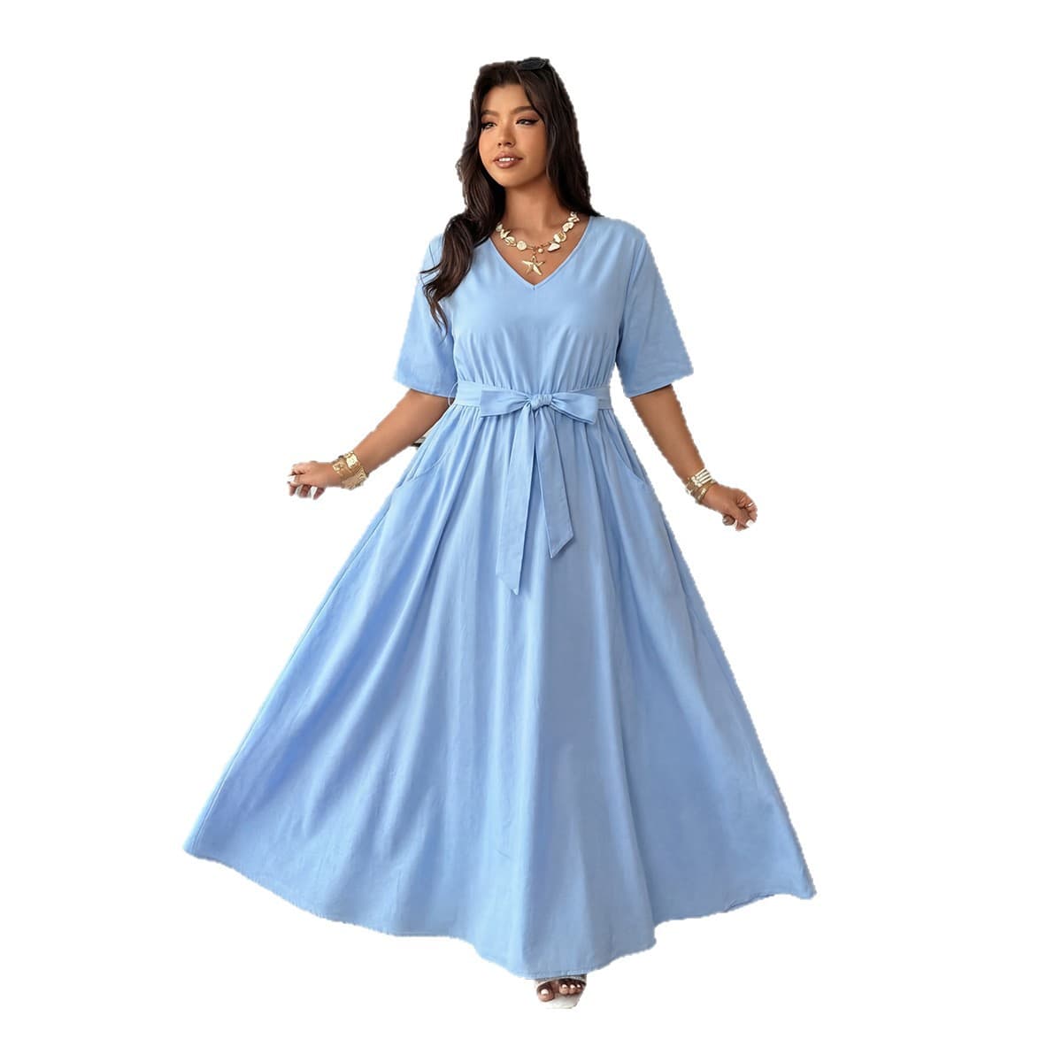 Plus Size V-Neck Tie Waist Dress for Women Summer Slimming Pocket Long Dress Blue Cotton Linen Feel