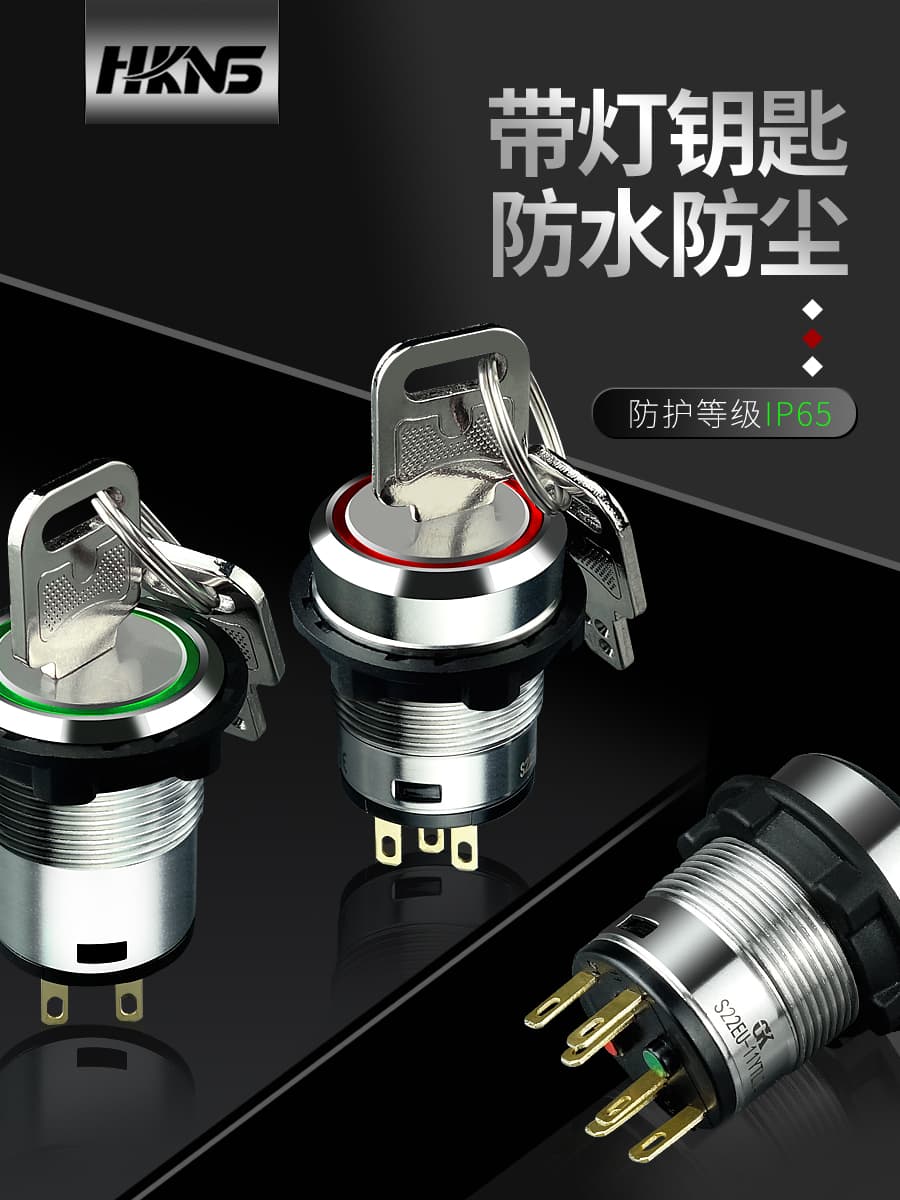 Metal key switch M22mm, 1 on, 1 off, 2 normally open, 2 normally closed, waterproof, with indicator light.