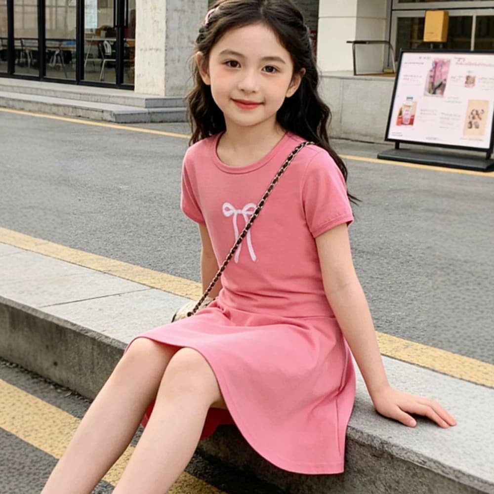 2026 Summer Hot Selling Girls Bow Dress Children Short Sleeve A-Line Skirt Toddler Kids Casual Sports T-Shirt Dress