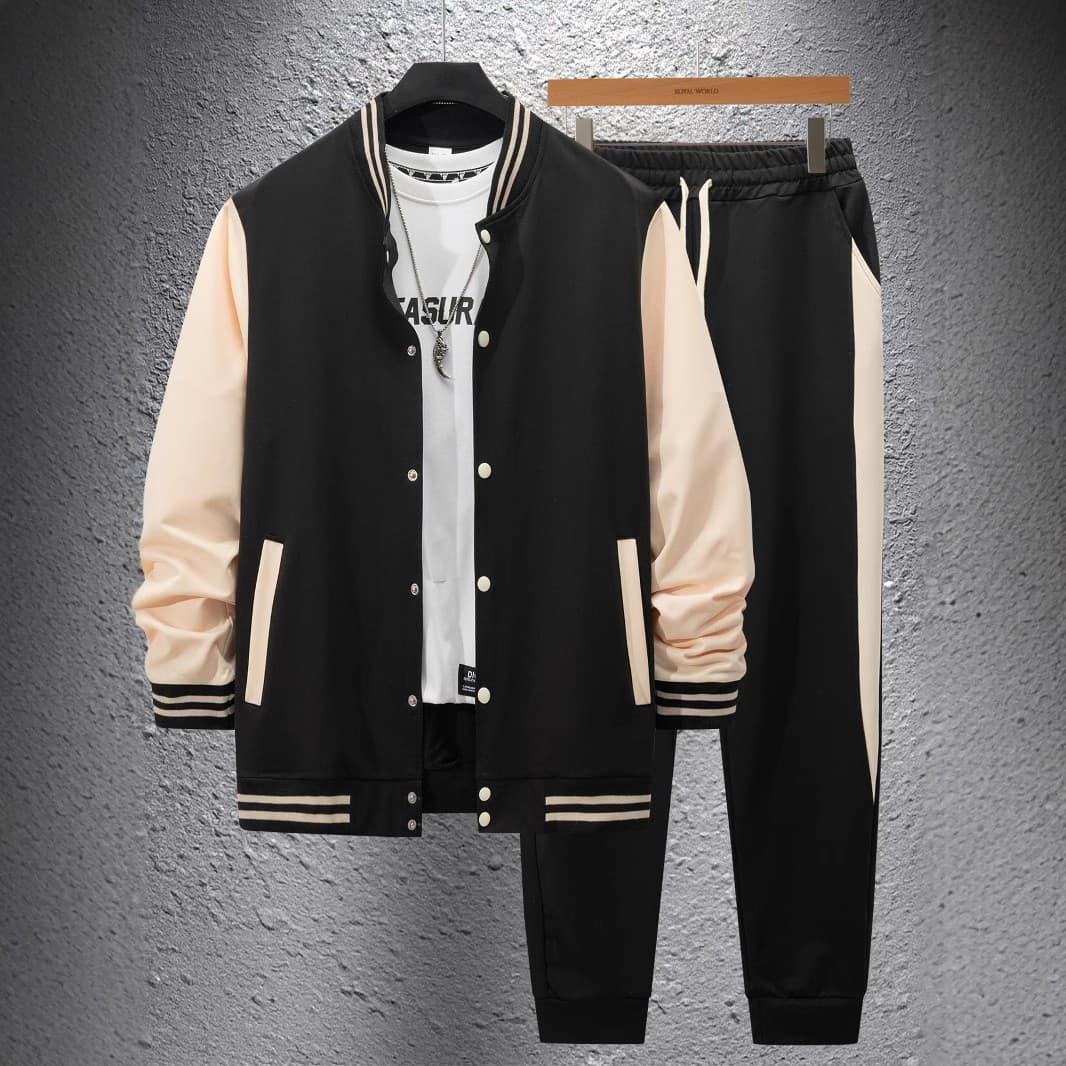2024 Cross-Border Men's Autumn/Winter New Baseball Jacket Casual Versatile Cardigan Jacket Color Block Sports Pants Set