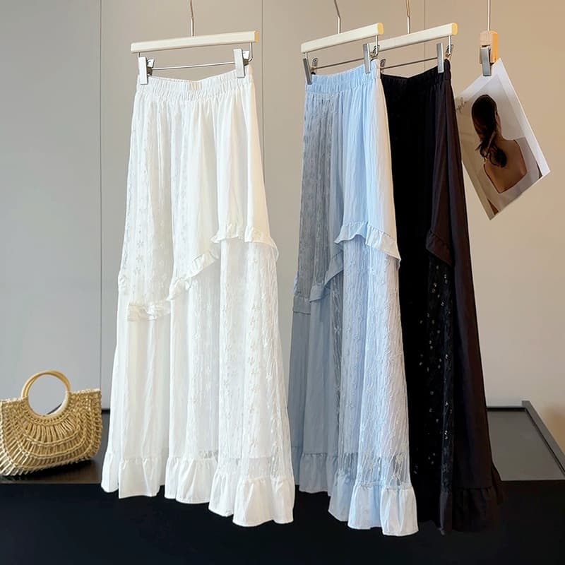 French design lace splicing skirt for women summer new high-waisted slim A-line mid-length cake skirt