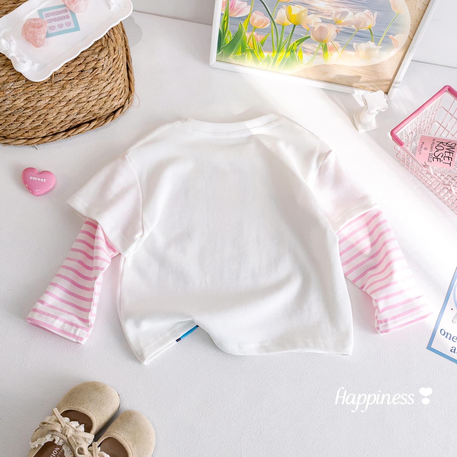 Girls' Fall Long-Sleeve T-Shirt Cute Cartoon Rabbit Print Fake Two-Piece Top Trendy Striped Sleeve Base Layer