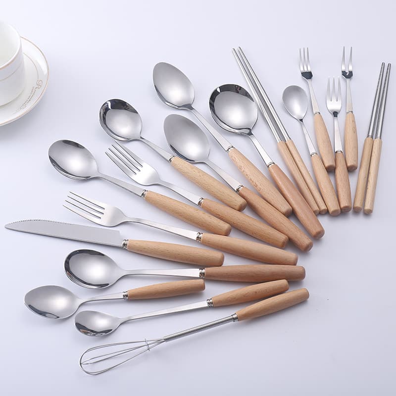 Creative Japanese Wooden Handle Whisk, Stainless Steel Cutlery and Chopsticks, Beech Handle Stainless Steel Small Spoon