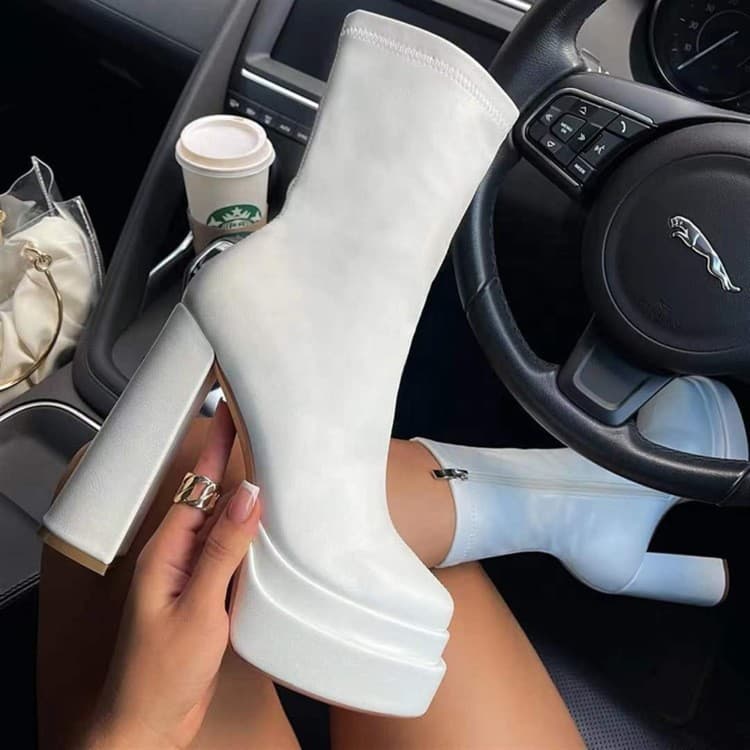 Spring Ultra-High Chunky Heel Side Zipper Platform Thick Sole Mid-Calf Boots Stretch Boots Fashion Casual Leather Boots Plus Size
