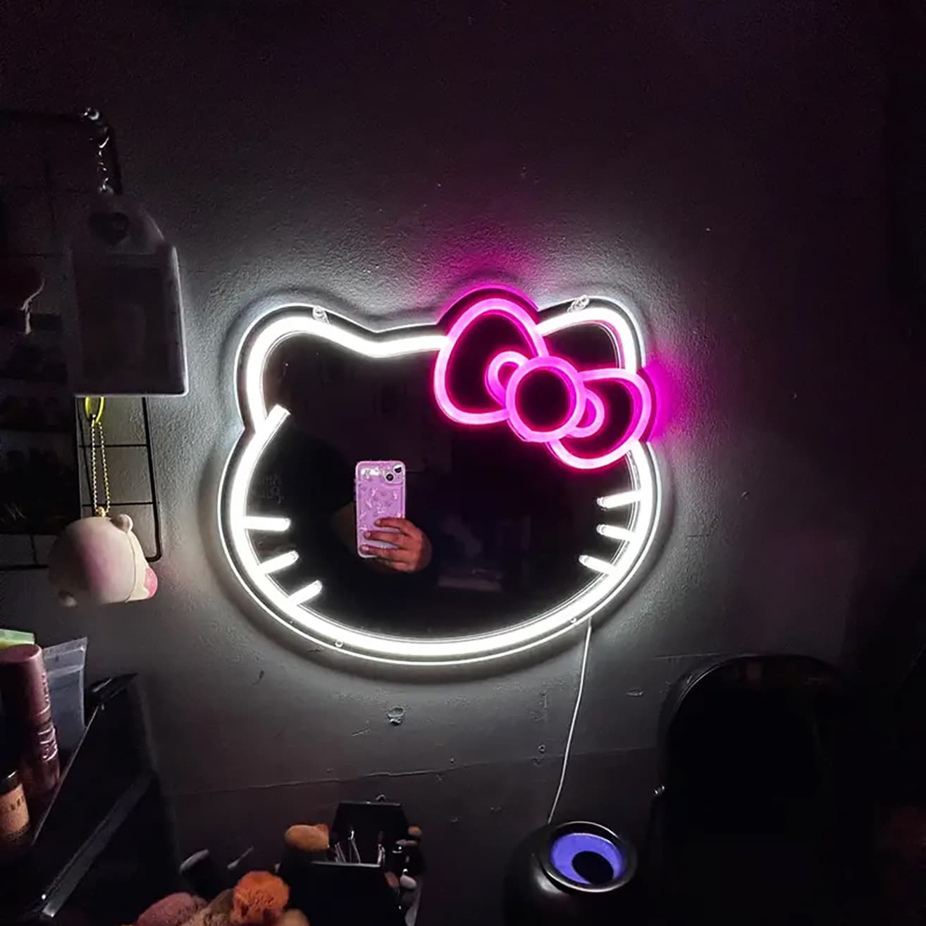 Hello Kit Cat Mirror Neon Light Room Decoration Lamp Bedroom Birthday Halloween Christmas Gift