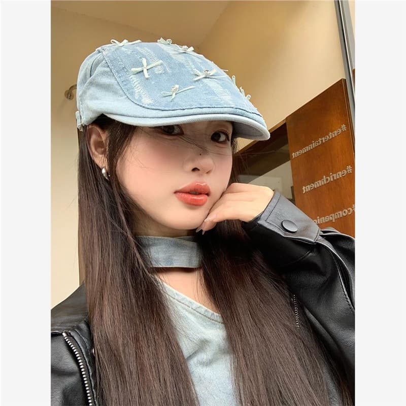 Korean-Style Bow Forward Cap for Women, Denim Versatile Slimming Brim Painter Hat, Artistic Newsboy Beret Trendy