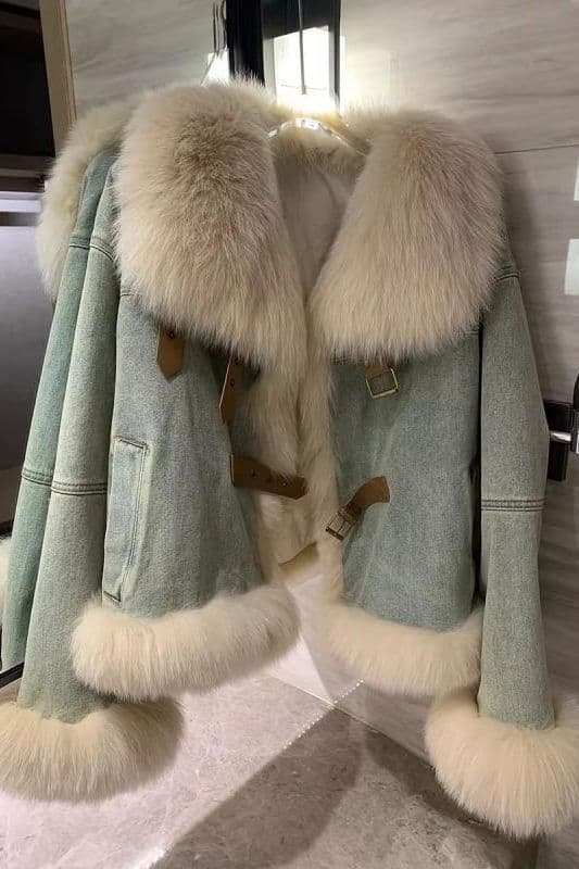 Korean-style Down Jacket with Fur Collar Blue Denim Short Coat for Women Winter Thickened Warm Fur Coat