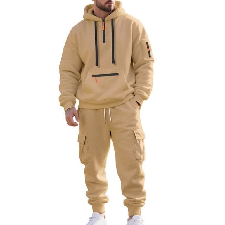 Cross-Border Autumn/Winter Men's Fashion Casual Simple Sweatshirt Set Multi-Pocket Half-Zip Men's Sweatshirt Two-Piece Set