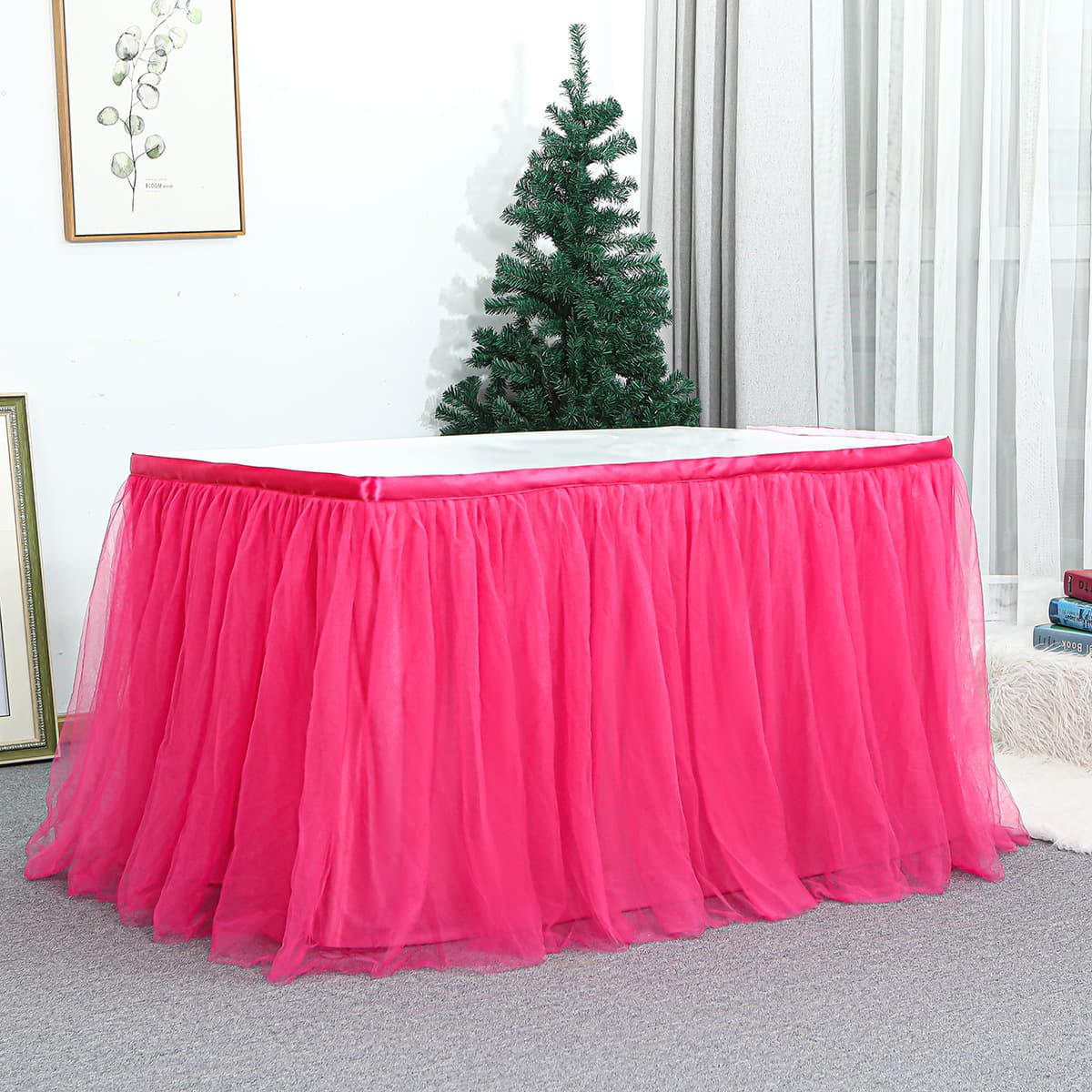 European and American style rectangular table skirt cover, 3 meters long, for birthday dessert table, party table skirt fabric, elastic mesh pleated wedding