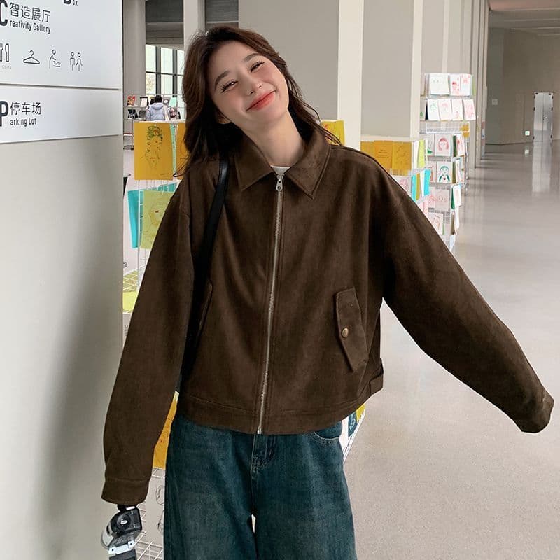 Vintage Brown Maillard Suede Jacket Women Autumn Winter New Short American Trendy Motorcycle Coat Top