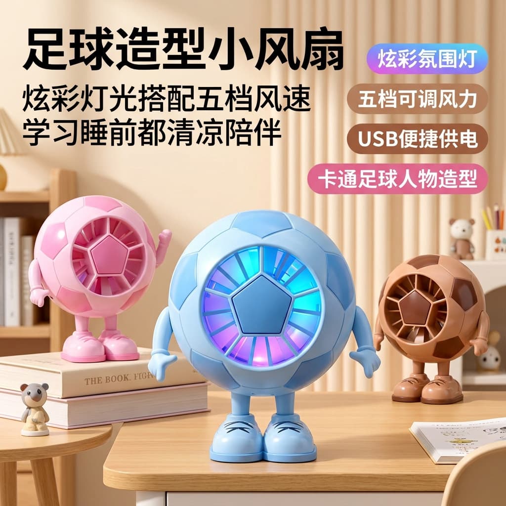 Cross-border Soccer-Shaped USB Rechargeable Fan, 5-Speed Adjustment, Match Souvenir, Team Gift, Children's Day