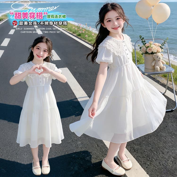 Girls Bubble Sleeve Embroidered Dress Summer Princess Dress Midi White Casual Dress 2026 Breathable Lightweight