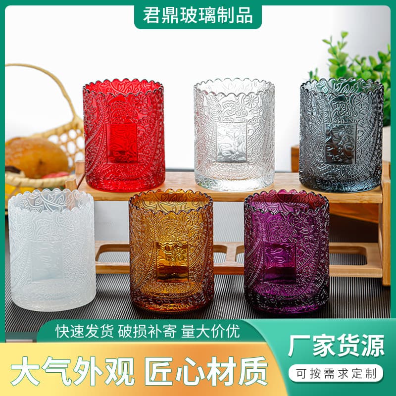 Colorful European-Style Candle Cup Lace Glass Candle Container Wholesale DIY Scented Candle Embossed Pattern Empty Cup