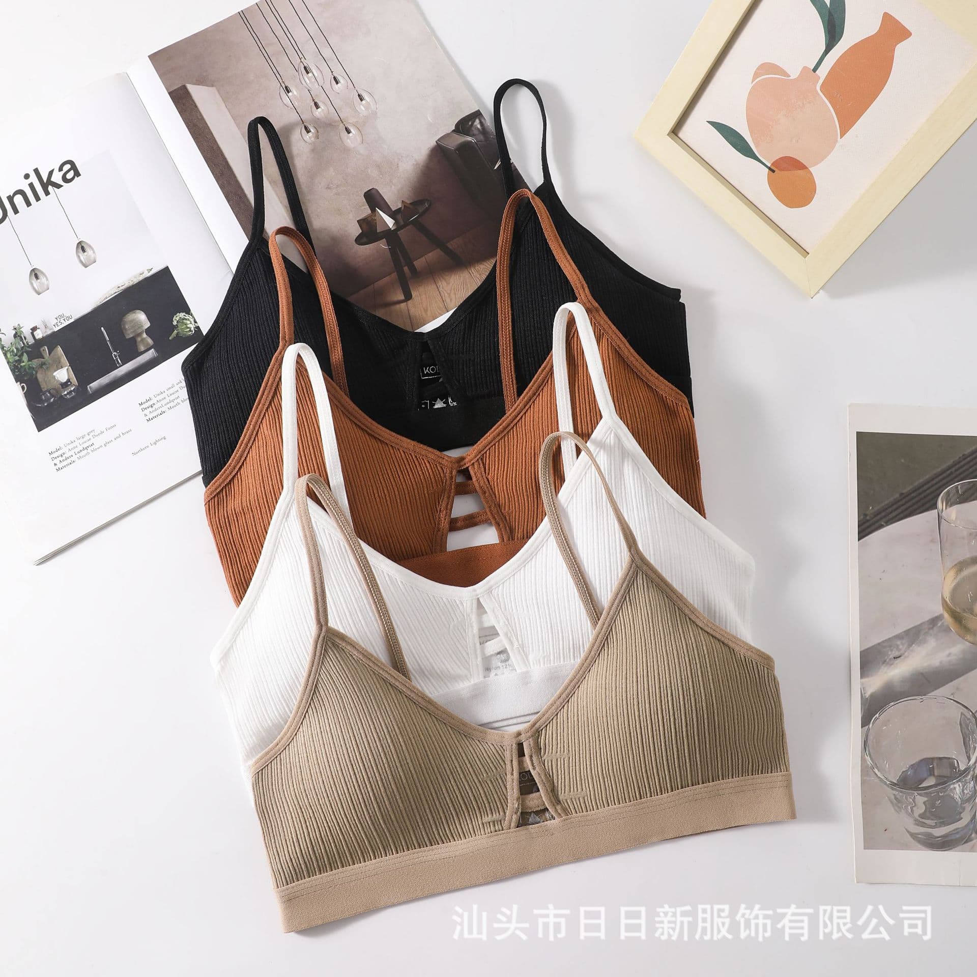 New Ribbed Hollow-Out Backless Camisole with Padded Inserts Bra Strapless French Bra Push-Up Comfortable Breathable Tube Top