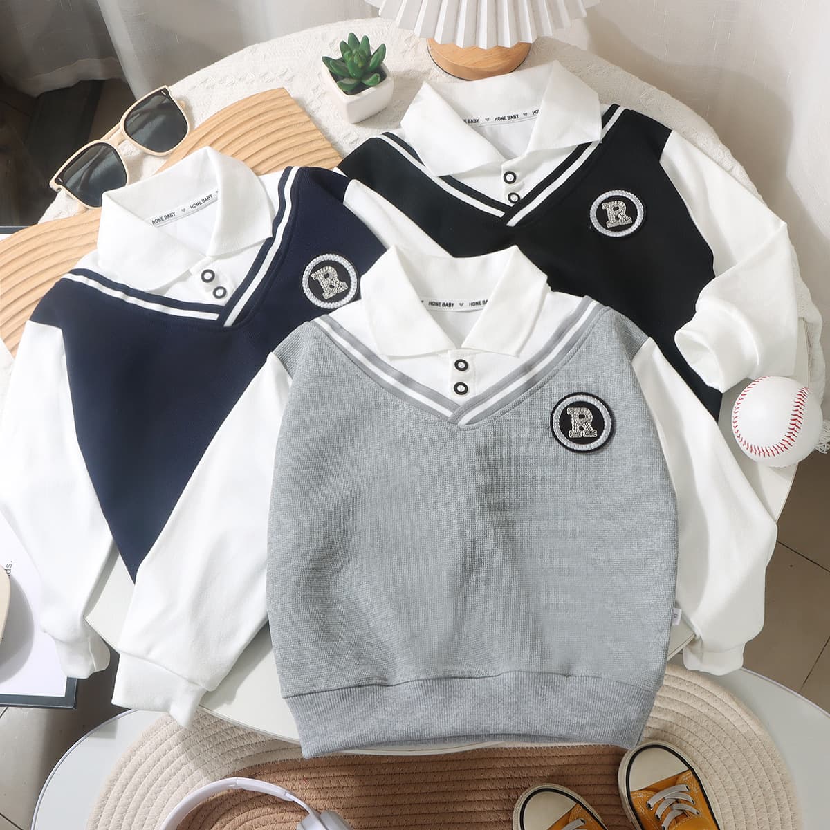Boys' collared POLO shirt spring hoodie, British-style two-piece illusion, versatile fashion academic top for medium and large children
