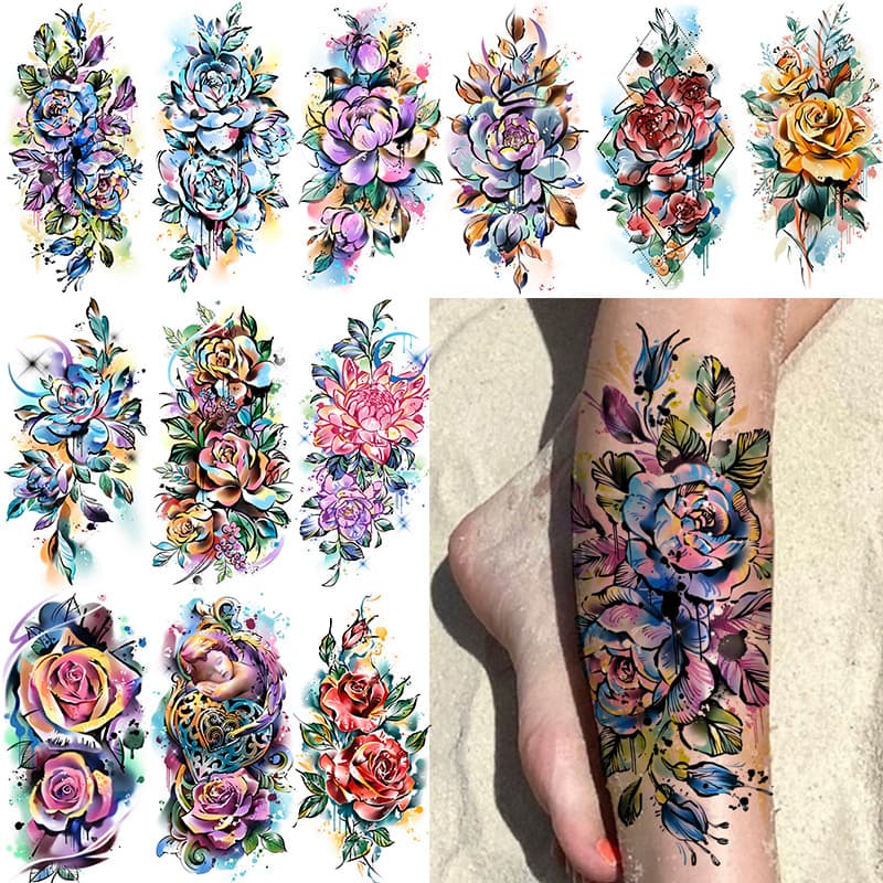 Cross-border Watercolor Rose Tattoo Sticker Waterproof Arm Leg Temporary Tattoo Paper TEMU Europe America Tattoo