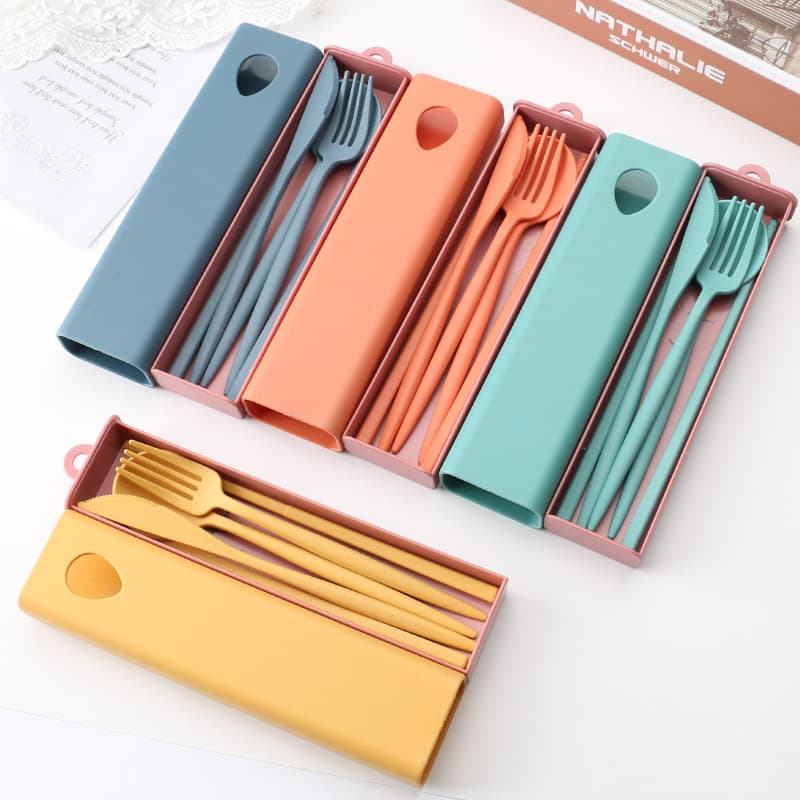 Button fingerprint wheat straw tableware set for students outdoor travel portable pull-out box knife, fork, spoon and chopsticks tableware
