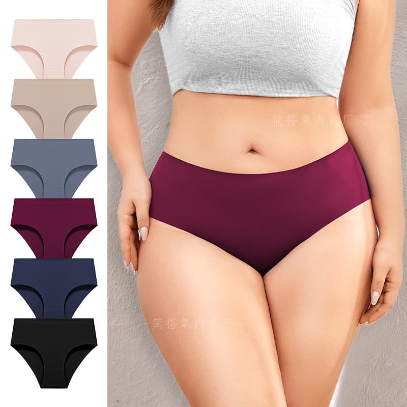 Cross-border Europe and America Seamless Invisible Women's Underwear Solid Color Ice Silk Mid-Waist Nylon Adhesive Plus Size Panties