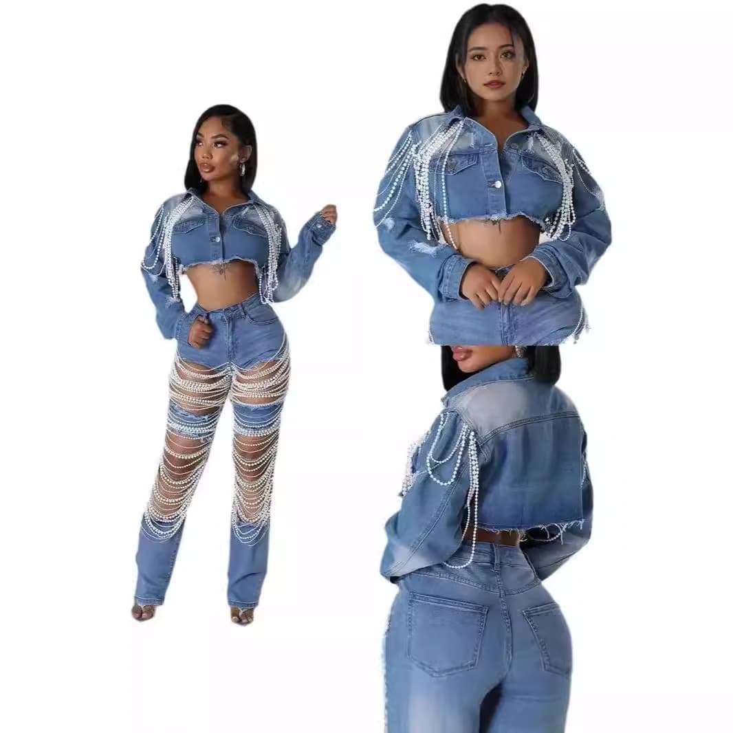 Fashionable Pearl-Embroidered Denim Jacket Women's Handmade Embroidery Short Loose Fit Cotton Independent Station Bestseller Hot
