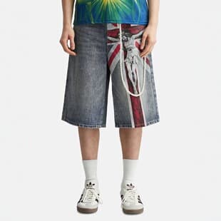 EU/US Cross-border Street Graphic Print Washed Denim Bermuda Shorts Men Five-point Shorts American Street Print Denim Shorts