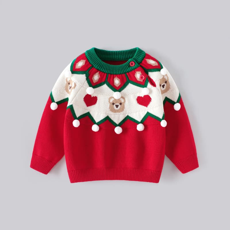 Autumn and winter children's sweater red pullover Korean style bear round neck sweater children's Christmas top
