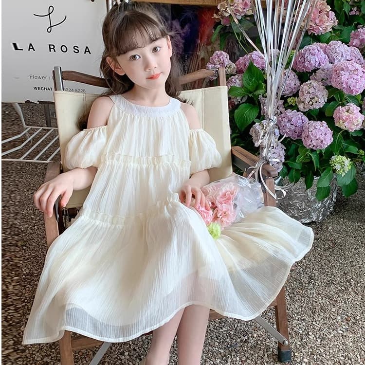 Female Baby Korean Style Design Sense Fashionable Puff Sleeve dress Middle and Big Kids Summer New Solid Color Mesh Princess Dress