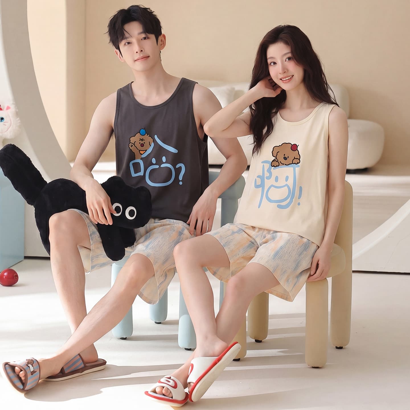 100% cotton couple sleeveless pajamas for women summer cute cartoon new men's vest shorts home clothes set
