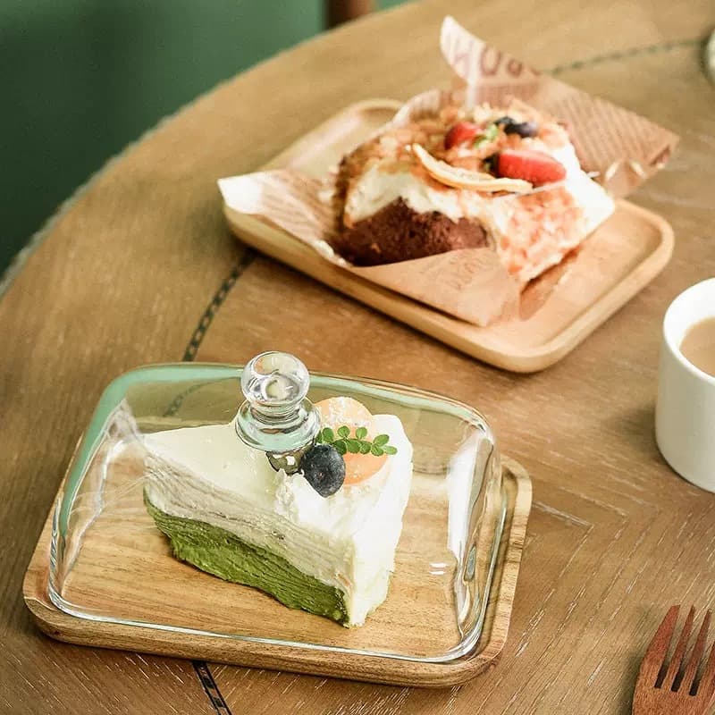 Acacia Wood Butter Box Square Dessert Plate with Transparent Glass Lid, Western Dining Serving Tray for Pastries and Cakes, Export Butter Dish