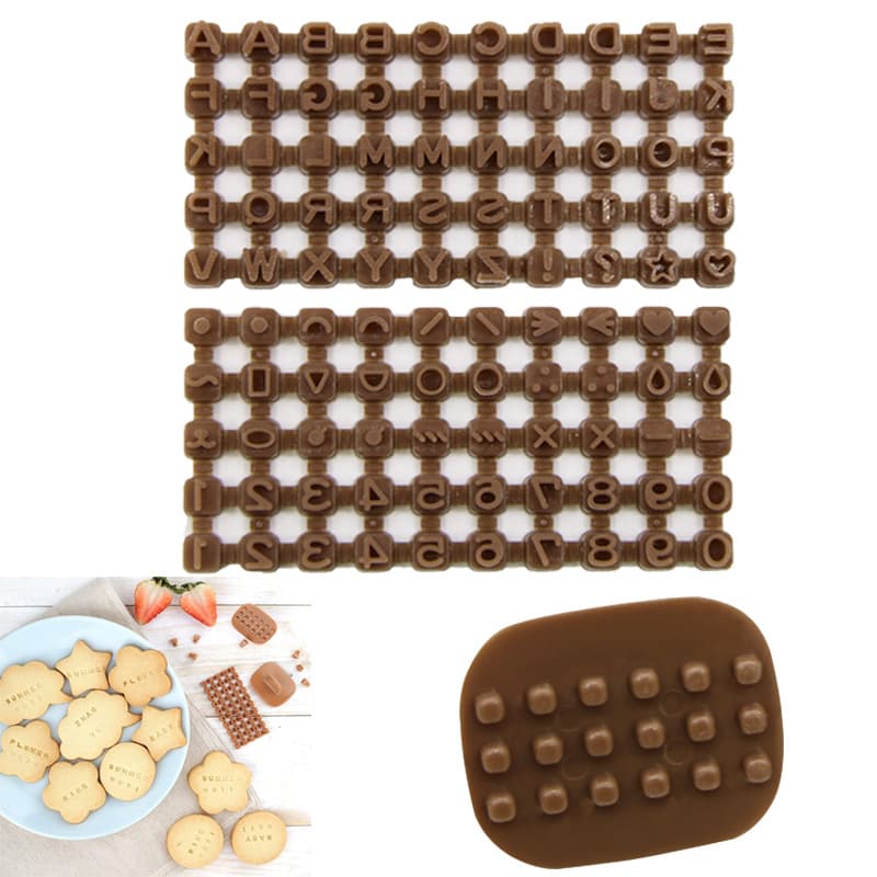 Movable type printing cake and baking mold with numbers, symbols, cookie stamp, and postage stamp design