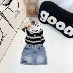 2026 Summer New Striped Top + Denim Skirt Set, Sleeveless Stylish Round Neck Top, Baby Girl 2-Piece Set, Trendy