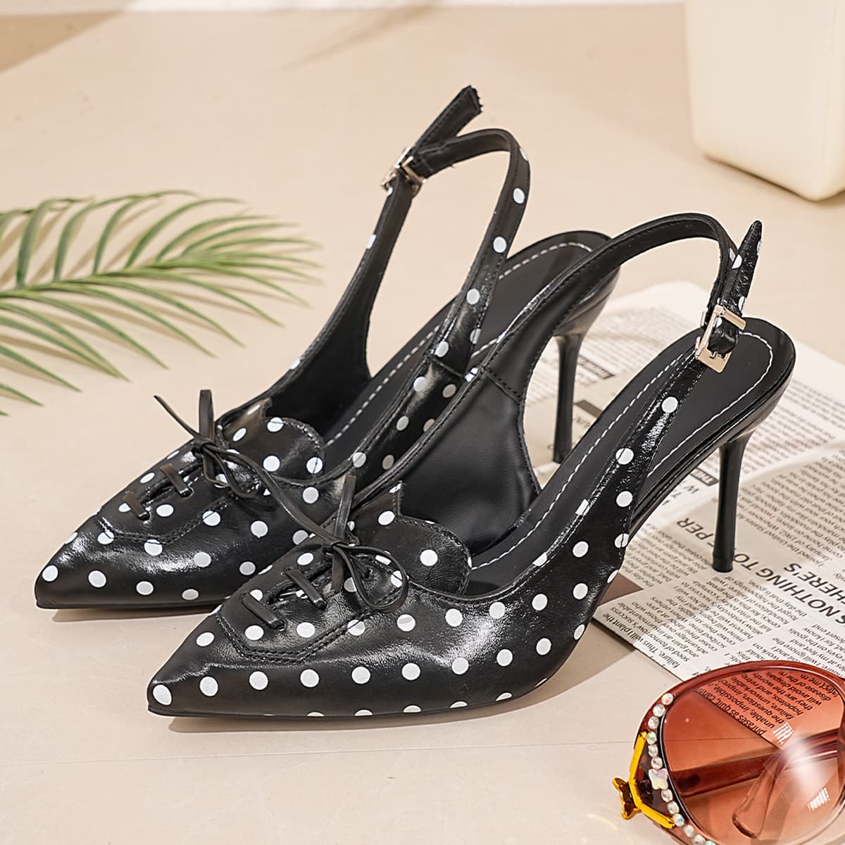 French Elegance Polka Dot Pointed Toe Open Back Sandals for Women Spring Summer Thin Heel Closed Toe Sandals Chic High Heels for Women