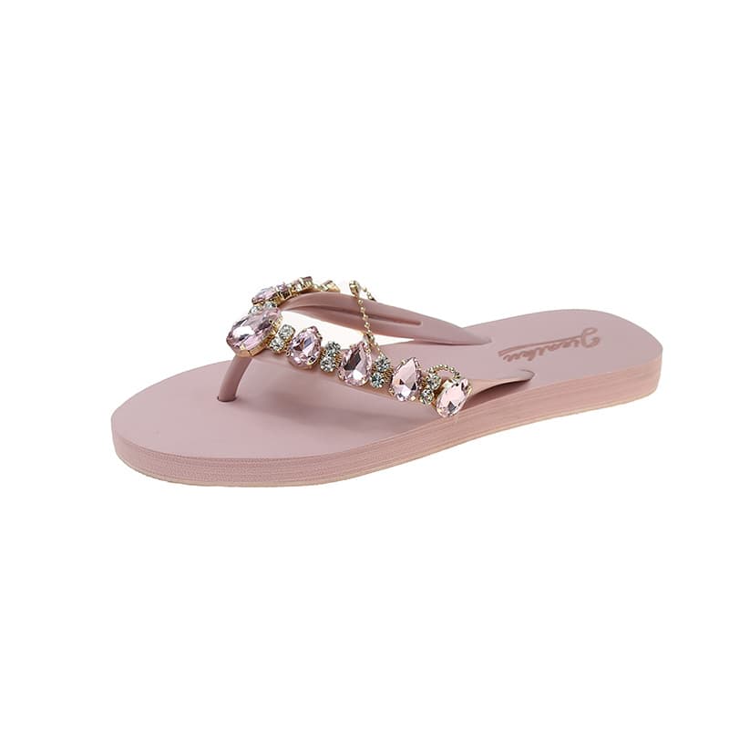 Summer New Rhinestone Chain Flip Flops for Women, Ins Style Beach Vacation Flat Sandals