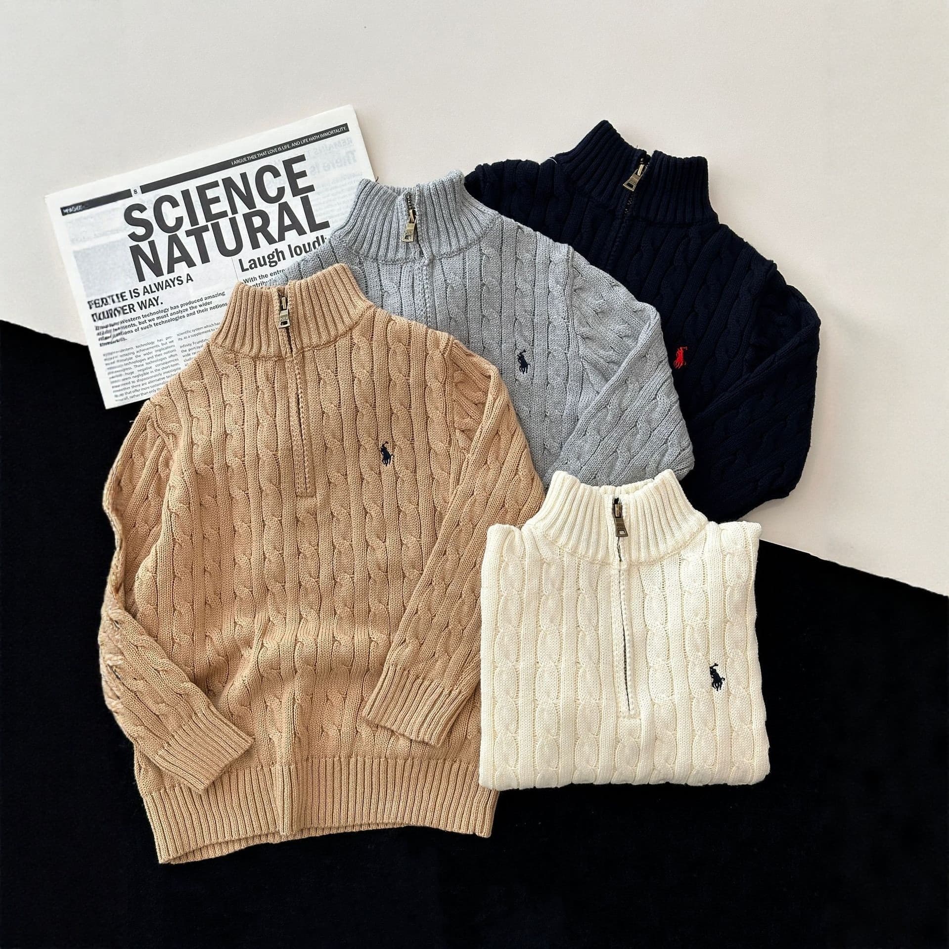 2026 Spring and Autumn RL Embroidered Half-Zip Stand Collar Twist Sweater Lazy Style Solid Color Children's Knitted Sweater