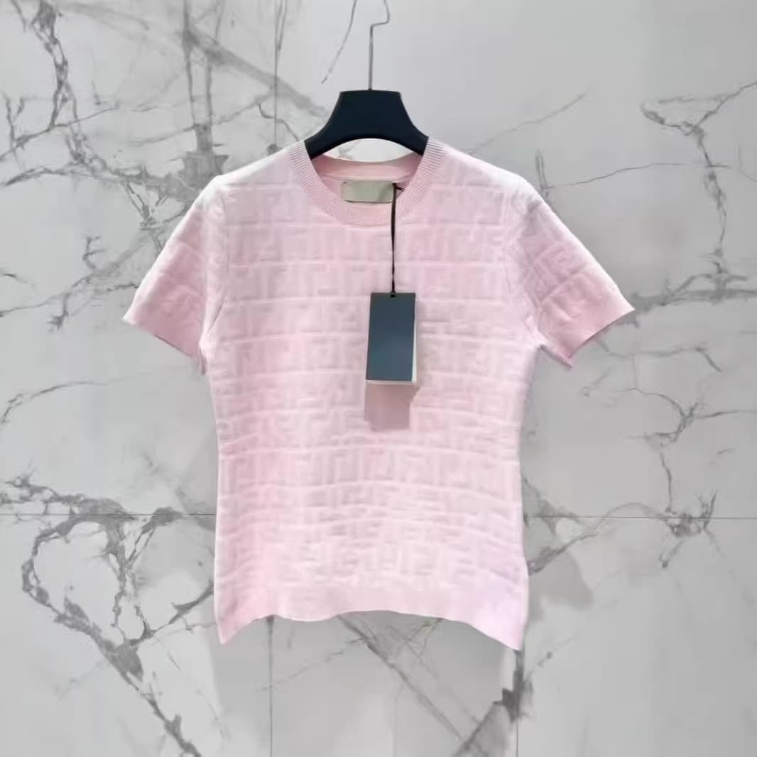 2026 Summer Embossed Fashion Letter Crew Neck Short Sleeve Knit Top, New Stylish Slim Fit Jacquard Blouse