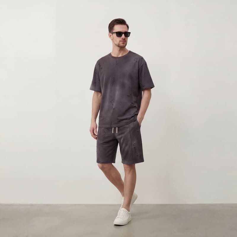 Plus Size Men's Short Sleeve and Shorts Set Gradient Oversized Summer Trendy Ripped Two-Piece Set