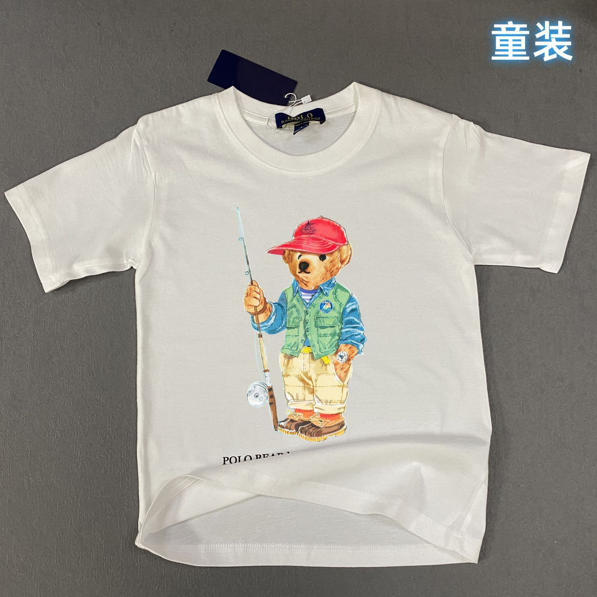 New Japanese and Korean Style RL Casual Cotton Kids T-Shirt with Fishing Bear Print for Boys and Girls
